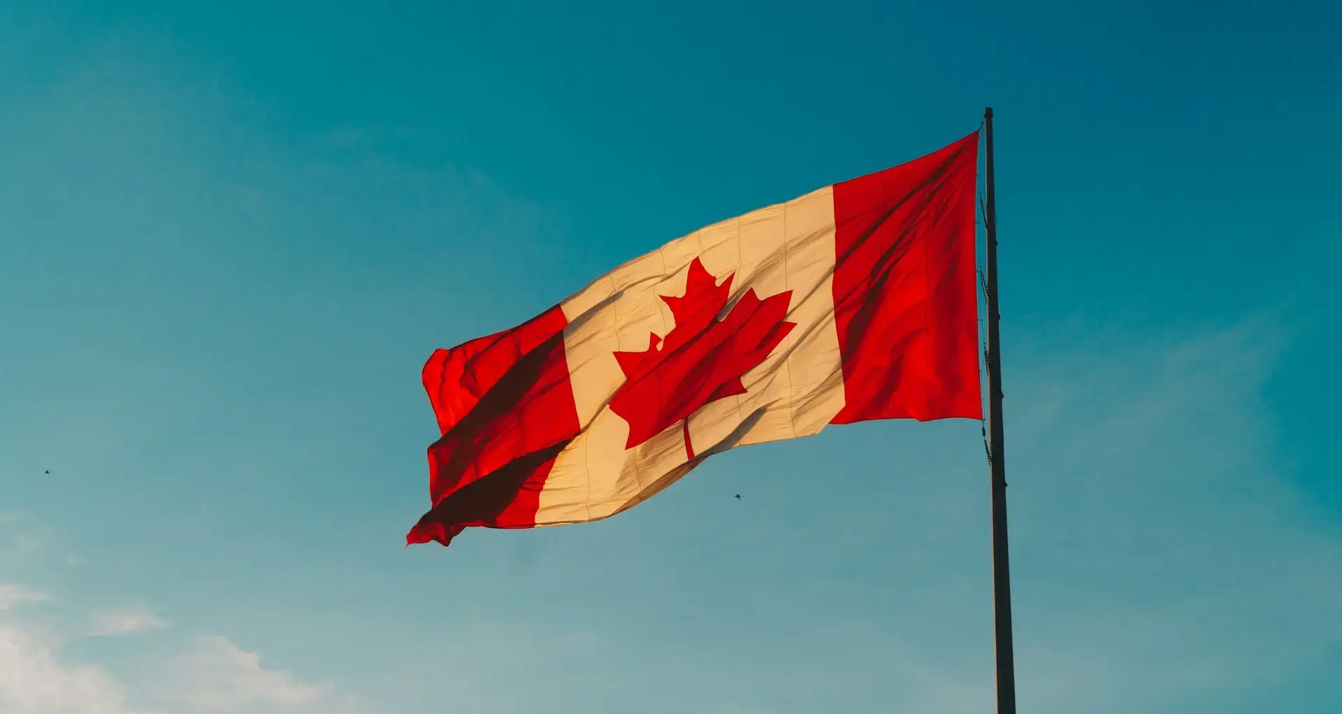 Canadian flag waving in the wind with a clear blue sky in the background